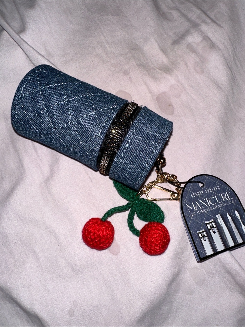 NWT Denim Cherry Key & Card Holder - Blue with Red cherry 4 pc manicure set - Picture 2 of 8